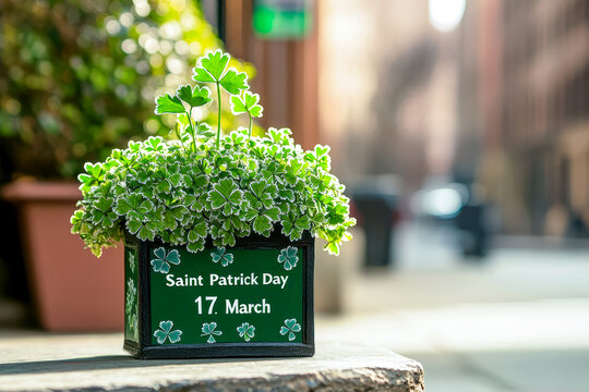 Lush green shamrocks thrive in a decorative pot commemorating saint patrick's day on a bright city day
