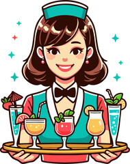 Retro Waitress Serving Colorful Cocktails Vector – Smiling Cartoon Female Server with Tray, Vibrant Drink Bar Illustration
