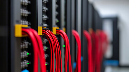 Server room cables: A neat and organized array of red cables and yellow connectors powering a sophisticated data center. High tech connectivity concept.