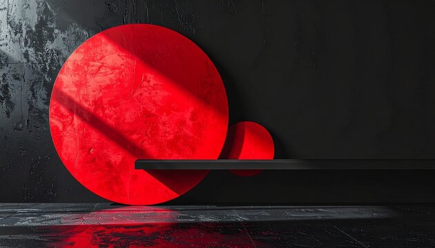 Minimalist abstract composition featuring two vibrant red circles and a black shelf on a dark textured concrete background with dramatic lighting