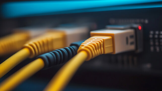 Macro shot showcasing ethernet cables plugged into a network switch, illustrating connectivity and data transfer in a server room setting. Modern tech at its finest!