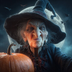 Mysterious Witch with Lantern: Old Woman Holding a Light by a Pumpkin.