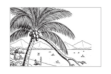 palm trees on the beach engraving outline vector art illustration design, palm tree silhouette, hand drawn beach drawing, line art palm tree, sea, beach, summer view, vintage palm tree on sea beach.	