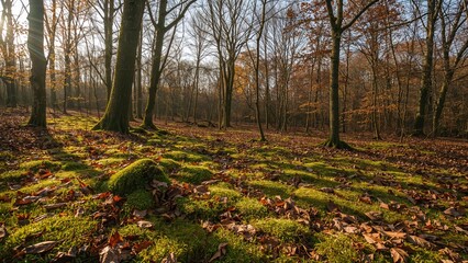 Autumn Forest, Green Moss And Dry Leaves, Morning