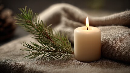 Candlelight Ambiance With Evergreen Sprig on Textured Fabric Backdrop