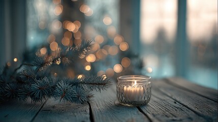 Candle Shines Softly on Rustic Table With Glowing Holiday Lights in the Background