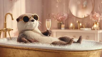 Otter Relaxing in a Bubble Bath While Enjoying a Drink in a Luxurious Setting