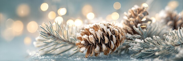 Winter Scene With Snow-Covered Pinecones and Blurred Festive Lights in a Cozy Atmosphere