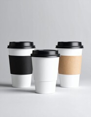 Coffee cups mockup with sleeves and black lids.