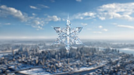 Winter Cityscape With a Large Snowflake Amid a Snowy Skyline Showcasing the Beauty of the Season