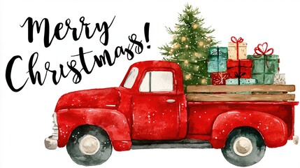 Red Vintage Truck Decorated for Christmas With Gifts and a Tree During the Holiday Season