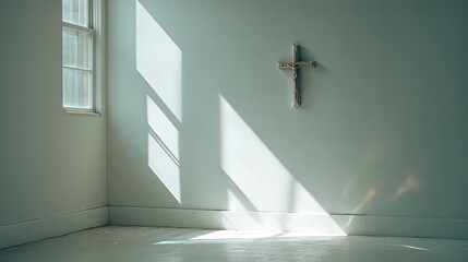 Light Shines Through Windows Illuminating a Simple Room With a Wooden Cross on the Wall
