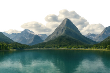 Reflecting mountains and calm lake with green forest under cloudy sky, isolated on transparent background