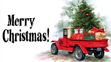 Vintage Truck Carrying Christmas Tree and Gifts Celebrates Holiday Spirit in Joyful Scene