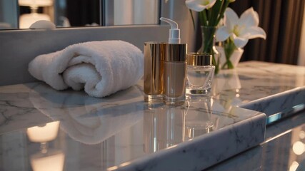 Soft lighting enhances a stylish bathroom with a white towel, elegant containers, and fresh flowers. This serene space promotes relaxation and comfort