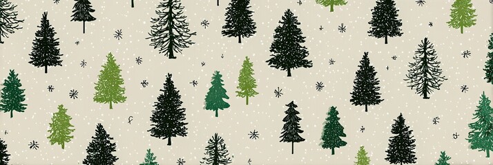 Trees and Snowflakes Create a Serene Winter Scene With Deep Green Hues