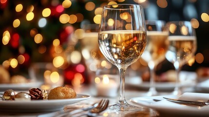 A table with a Christmas tree and a wine glass. The wine glass is half full and the table is set with a plate of food and utensils