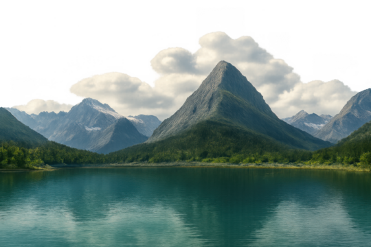 Reflecting mountains and calm lake with green forest under cloudy sky, isolated on transparent background