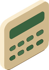 A beige and green calculator illustration in flat vector style, representing finance, accounting, and mathematical calculations.