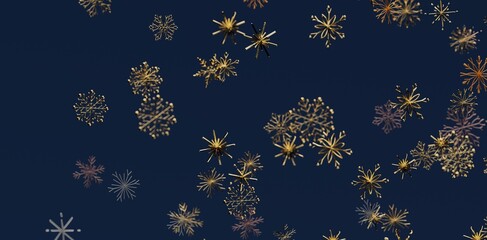 Elegant abstract background with gold snowflakes on a dark blue backdrop. Perfect for seasonal designs, Christmas and winter themes. Festive, ho