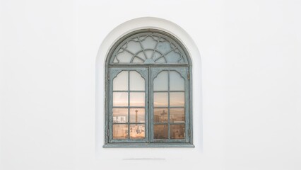 Fototapeta premium Gray window on white wall with a view of a cityscape at sunset through the glass panes