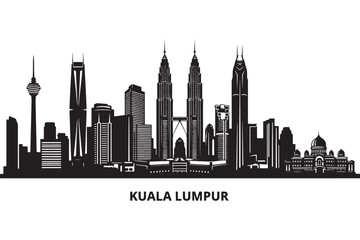 Naklejka premium Silhouette of kuala lumpur skyline isolated on white background, featuring iconic landmarks and representing the citys modern architecture vector illustration
