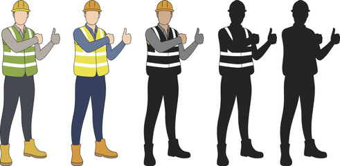 Construction worker illustration, safety vest, hard hat, thumbs up pose, silhouette, grayscale, PPE, industrial worker, vector art, occupational safety