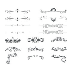 Gold text dividers doodle set. Wedding decorative elements. Divider ornament, borders, floral, vintage line separators. Hand drawn vector illustration isolated on white background.Set page dividers. 