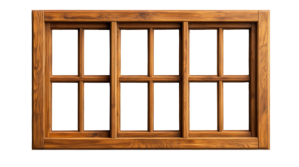 Wooden Window Frame with Multiple Panes on Transparent Background