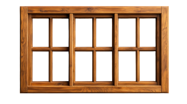 Wooden Window Frame with Multiple Panes on Transparent Background
