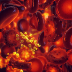 Malaria parasite infecting blood cells. Plasmodium Merozoites invading and destroying red blood cells. Malaria prevention through vaccines