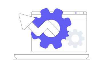 Operating system update. Depicts computer upgrade, IT support, and technician maintaining laptop performance for better functionality and technical improvement. Flat Cartoon Vector Illustration, icon 