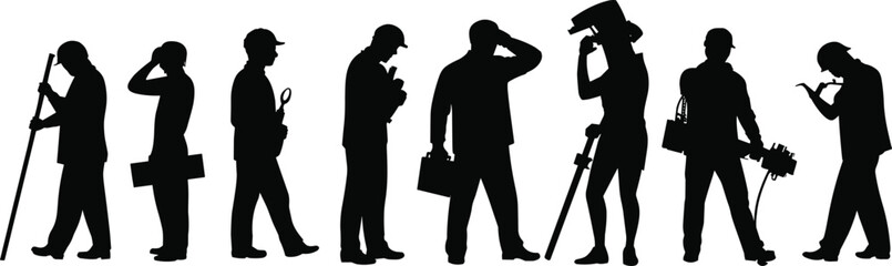 Silhouettes of diverse workers, engineers, surveyors, technicians, professionals, construction roles, teamwork, tools, hard hats, career diversity, occupational silhouettes, industry