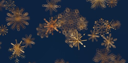 Abstract golden snowflakes against a navy blue backdrop, perfect for holiday-themed designs, winter backgrounds, and seasonal greetings. Ideal f