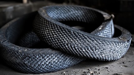 Fototapeta premium A coiled black snake with textured scales in close view