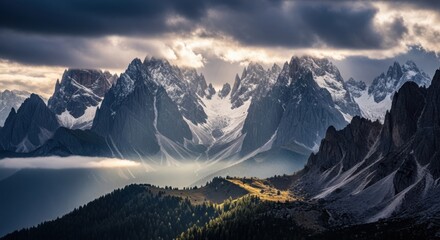 Obraz premium Dramatic Snow-Capped Mountain Range Landscape with Sun Rays and Cloudy Sky isolated on White Background
