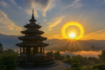 A floating temple surrounded by a celestial sun halo