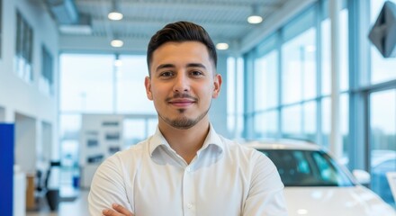 Expert in Auto Industry: A poised individual with confident stance and inviting smile in car dealership showroom, symbolizing expertise and commitment in automotive sales and customer service.