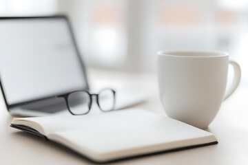 Fototapeta premium Desk setup with laptop, notepad, glasses and coffee mug. A study environment is created. Notebook and reading glasses are on the table for work or study.