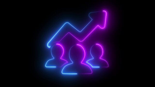 glowing neon man icon with rising arrow animation on black background.red color neon animation on man icon.