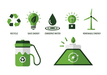 Green energy and sustainability icons and a reusable water bottle.