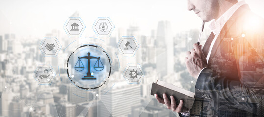 Futuristic digital law interface displaying justice scale, highlighting digital law, AI compliance,...