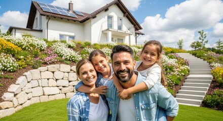 Family Home and Happiness: A radiant family, beaming with happiness, poses in front of their beautiful home. Embracing the essence of family life and the joy of homeownership.