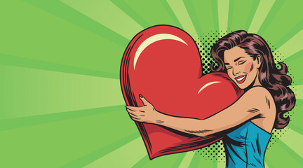A young woman hugging a large heart in pop art style. Vector comic in pop art style.