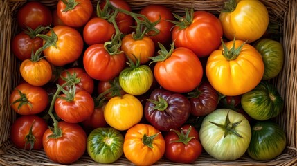 Arrangement of colorful ripe organic heirloom tomatoes