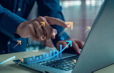 Business growth and success concept with hand interacting with digital financial chart and upward arrows. Perfect for finance, marketing strategy, data analytics, and technology innovation themes.
