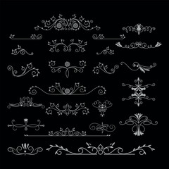 Gold text dividers doodle set. Wedding decorative elements. Divider ornament, borders, floral, vintage line separators. Hand drawn vector illustration isolated on white background.Set page dividers. 