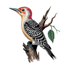 Detailed illustration of a woodpecker bird on a tree branch. Vector illustration on white.