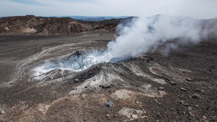 Valley of 10,000 Smokes featuring welded tuff, with fumarole welded ash from a volcanic vent. Non-welded ash has been eroded. Ash flow tuff originated from a caldera eruption.