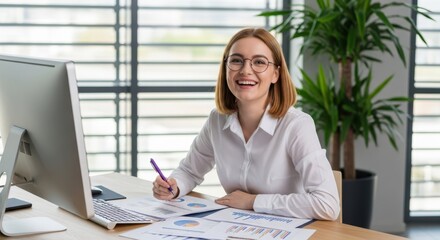 Smiling Professional: An accomplished professional, radiating warmth and competence, focused on her tasks. The setting, an office, symbolizes productivity and achievement.